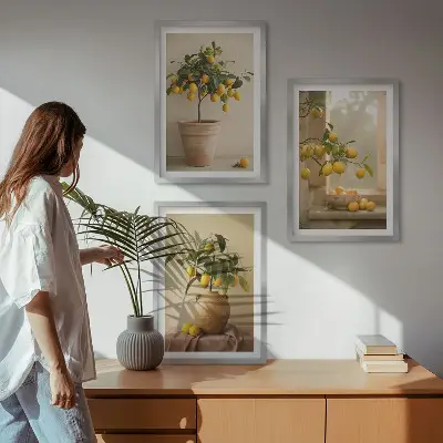 Conjunto de quadros com limoeiros em vasos estilo moderno