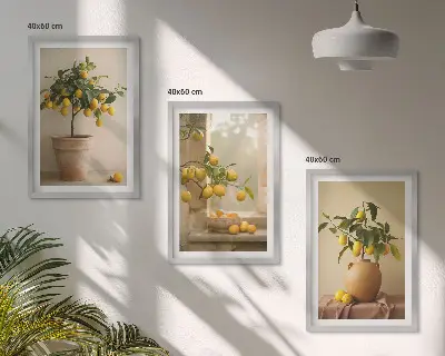 Conjunto de quadros com limoeiros em vasos estilo moderno