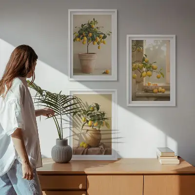 Conjunto de quadros com limoeiros em vasos estilo moderno