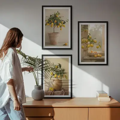 Conjunto de quadros com limoeiros em vasos estilo moderno