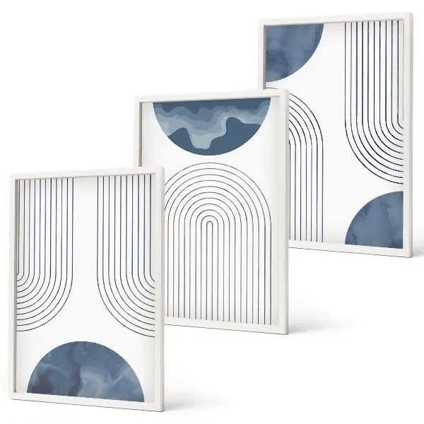 Conjunto de 3 quadros com moldura com padrões abstratos em azul
