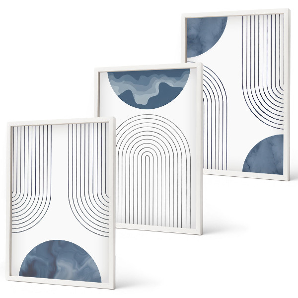 Conjunto de 3 quadros com moldura Padrões abstratos em azul