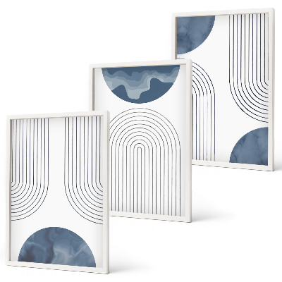 Conjunto de 3 quadros com moldura Padrões abstratos em azul