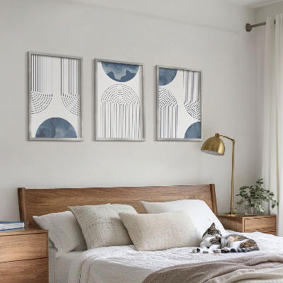 Conjunto de 3 quadros com moldura Padrões abstratos em azul