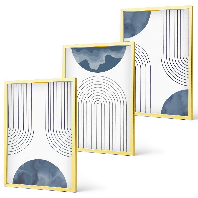 Conjunto de 3 quadros com moldura Padrões abstratos em azul