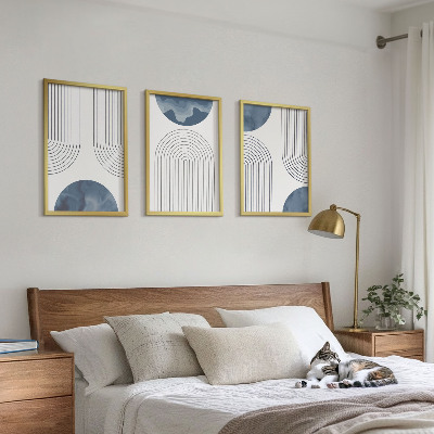 Conjunto de 3 quadros com moldura Padrões abstratos em azul