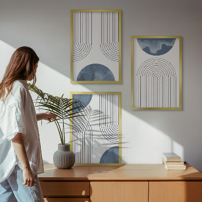 Conjunto de 3 quadros com moldura Padrões abstratos em azul