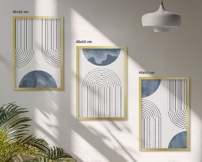 Conjunto de 3 quadros com moldura Padrões abstratos em azul