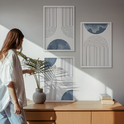 Conjunto de 3 quadros com moldura Padrões abstratos em azul