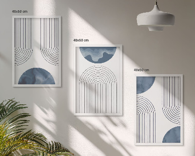 Conjunto de 3 quadros com moldura Padrões abstratos em azul