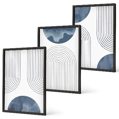 Conjunto de 3 quadros com moldura Padrões abstratos em azul