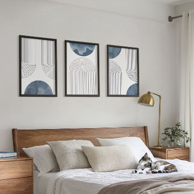Conjunto de 3 quadros com moldura Padrões abstratos em azul