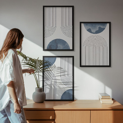 Conjunto de 3 quadros com moldura Padrões abstratos em azul