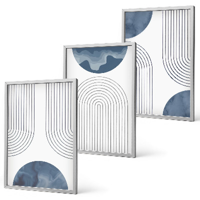 Conjunto de 3 quadros com moldura Padrões abstratos em azul