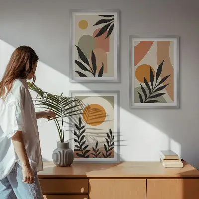 Conjunto de 3 quadros com moldura estampa de formas abstratas de plantas