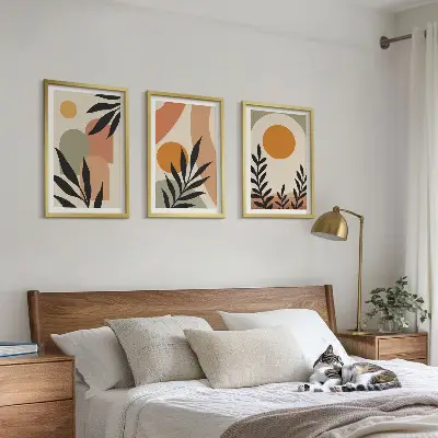 Conjunto de 3 quadros com moldura estampa de formas abstratas de plantas