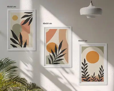 Conjunto de 3 quadros com moldura estampa de formas abstratas de plantas