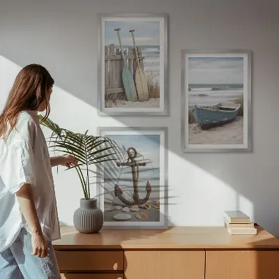 Conjunto de quadros para sala de estar âncora de barco na praia com areia