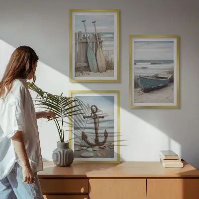 Conjunto de quadros para sala de estar âncora de barco na praia com areia