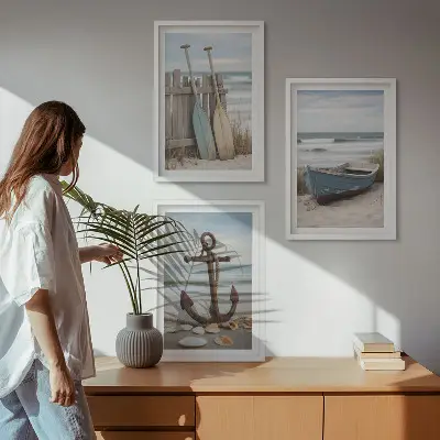 Conjunto de quadros para sala de estar âncora de barco na praia com areia