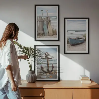 Conjunto de quadros para sala de estar âncora de barco na praia com areia