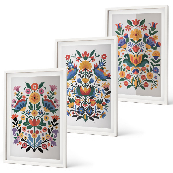 Conjunto de 3 quadros com moldura Estampas florais em cores intensas