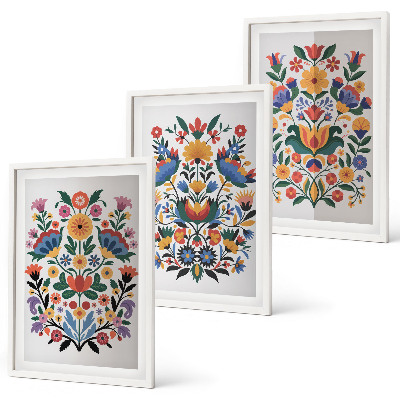 Conjunto de 3 quadros com moldura Estampas florais em cores intensas