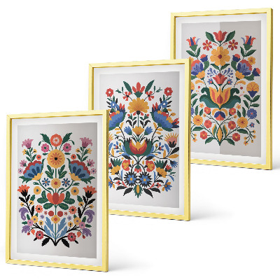 Conjunto de 3 quadros com moldura Estampas florais em cores intensas