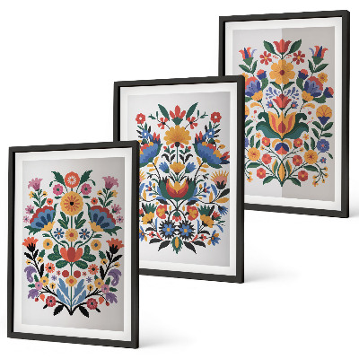 Conjunto de 3 quadros com moldura Estampas florais em cores intensas