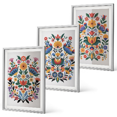 Conjunto de 3 quadros com moldura Estampas florais em cores intensas