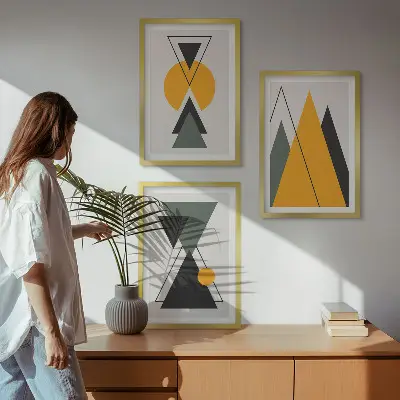 Conjunto de quadros decorativos para sala de estar com formas geométricas abstratas