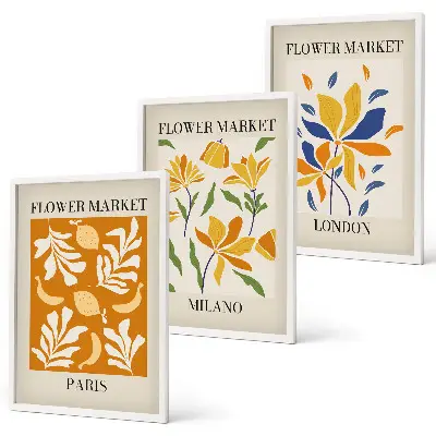 Composição de quadros moderna com cartazes de estilo floral Paris Milão Londres