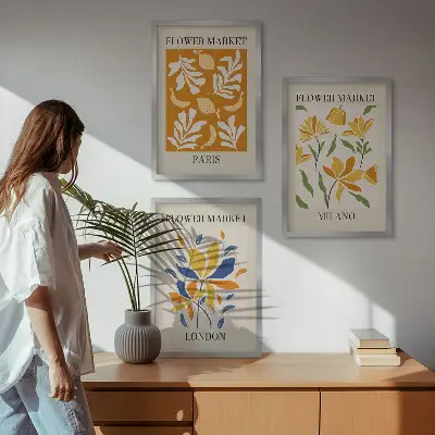 Composição de quadros moderna com cartazes de estilo floral Paris Milão Londres