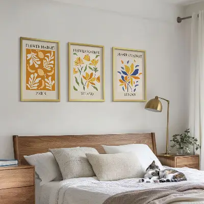 Composição de quadros moderna com cartazes de estilo floral Paris Milão Londres