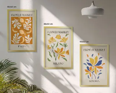 Composição de quadros moderna com cartazes de estilo floral Paris Milão Londres