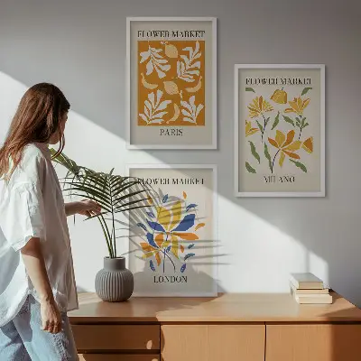 Composição de quadros moderna com cartazes de estilo floral Paris Milão Londres