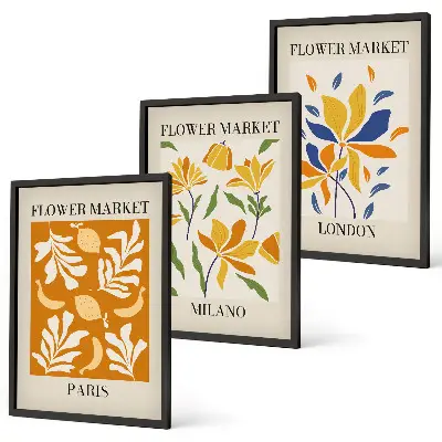 Composição de quadros moderna com cartazes de estilo floral Paris Milão Londres