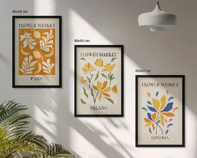 Composição de quadros moderna com cartazes de estilo floral Paris Milão Londres