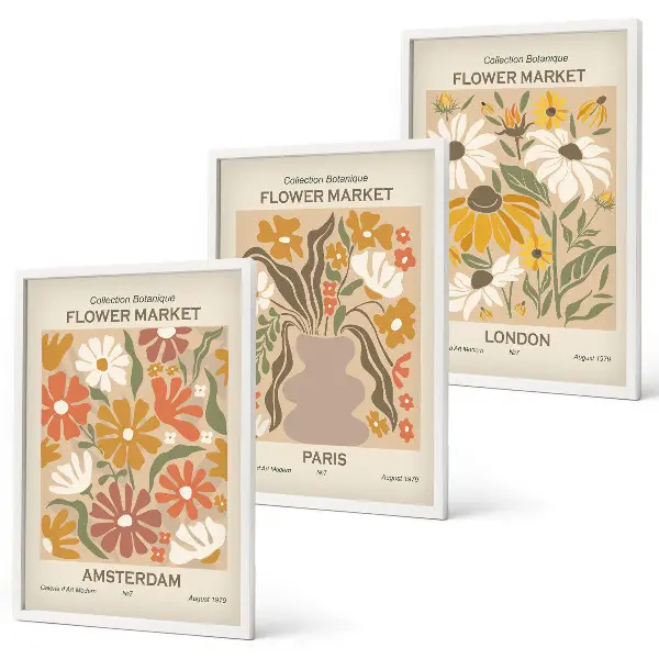 Conjunto de 3 quadros com moldura com estampas de padrões florais de Amsterdã, Paris e Londres