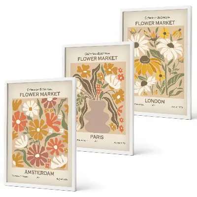 Conjunto de 3 quadros com moldura com estampas de padrões florais de Amsterdã, Paris e Londres