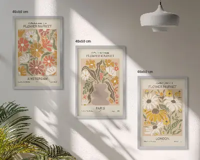 Conjunto de 3 quadros com moldura com estampas de padrões florais de Amsterdã, Paris e Londres