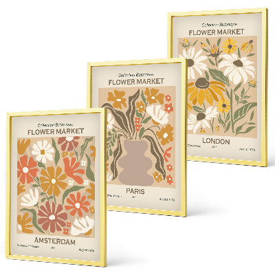 Conjunto de 3 quadros com moldura Padrões florais Amsterdã Paris Londres