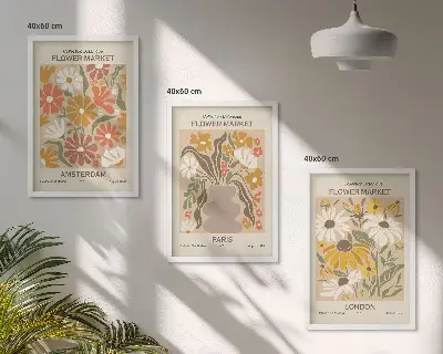 Conjunto de 3 quadros com moldura com estampas de padrões florais de Amsterdã, Paris e Londres