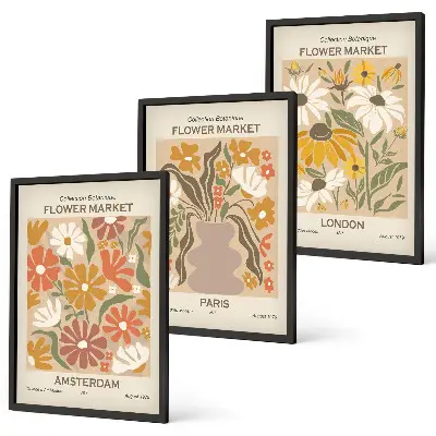 Conjunto de 3 quadros com moldura com estampas de padrões florais de Amsterdã, Paris e Londres