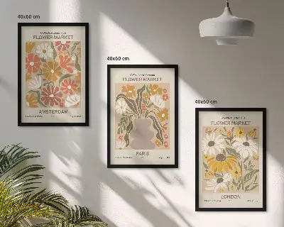 Conjunto de 3 quadros com moldura com estampas de padrões florais de Amsterdã, Paris e Londres
