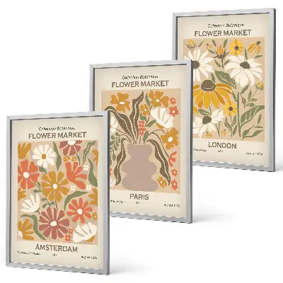 Conjunto de 3 quadros com moldura com estampas de padrões florais de Amsterdã, Paris e Londres