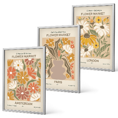 Conjunto de 3 quadros com moldura Padrões florais Amsterdã Paris Londres