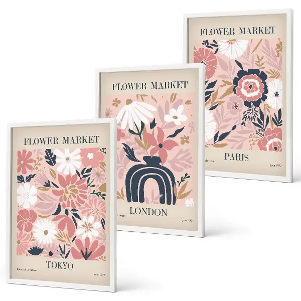 Conjunto de quadros para sala de estar com motivos florais de Tóquio, Londres e Paris