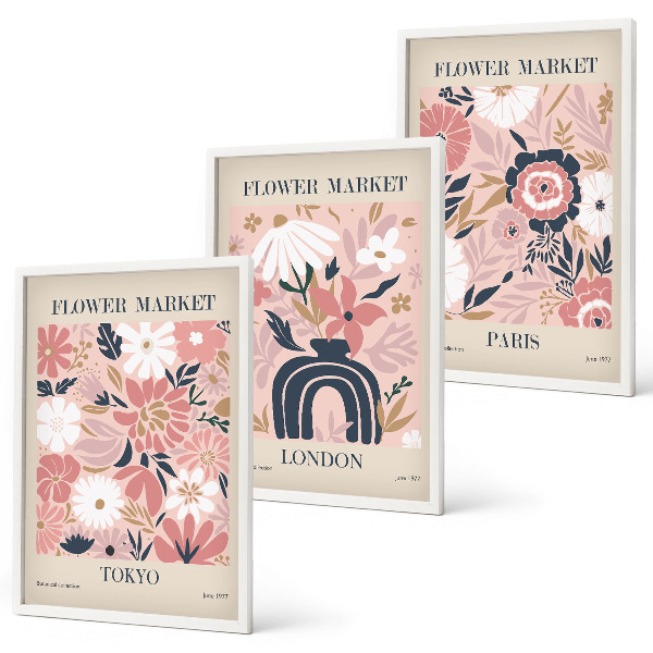 Conjunto de quadros para sala de estar Motivos florais Tóquio Londres Paris
