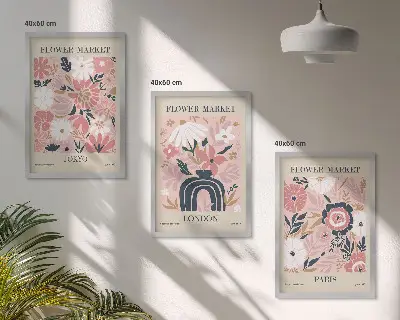 Conjunto de quadros para sala de estar com motivos florais de Tóquio, Londres e Paris